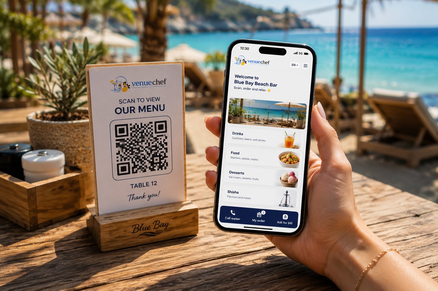 A guest holding a phone showing the VenueChef guest menu for Blue Bay Beach Bar, beside a table stand with the scan-to-view QR code for table 12