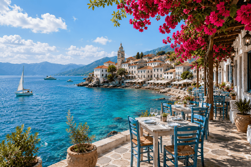 A Mediterranean waterfront venue with white stone terraces, blue chairs and bougainvillea