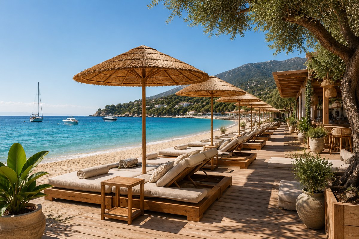 Thatched parasols and wooden sunbeds on a beach club deck above a turquoise bay