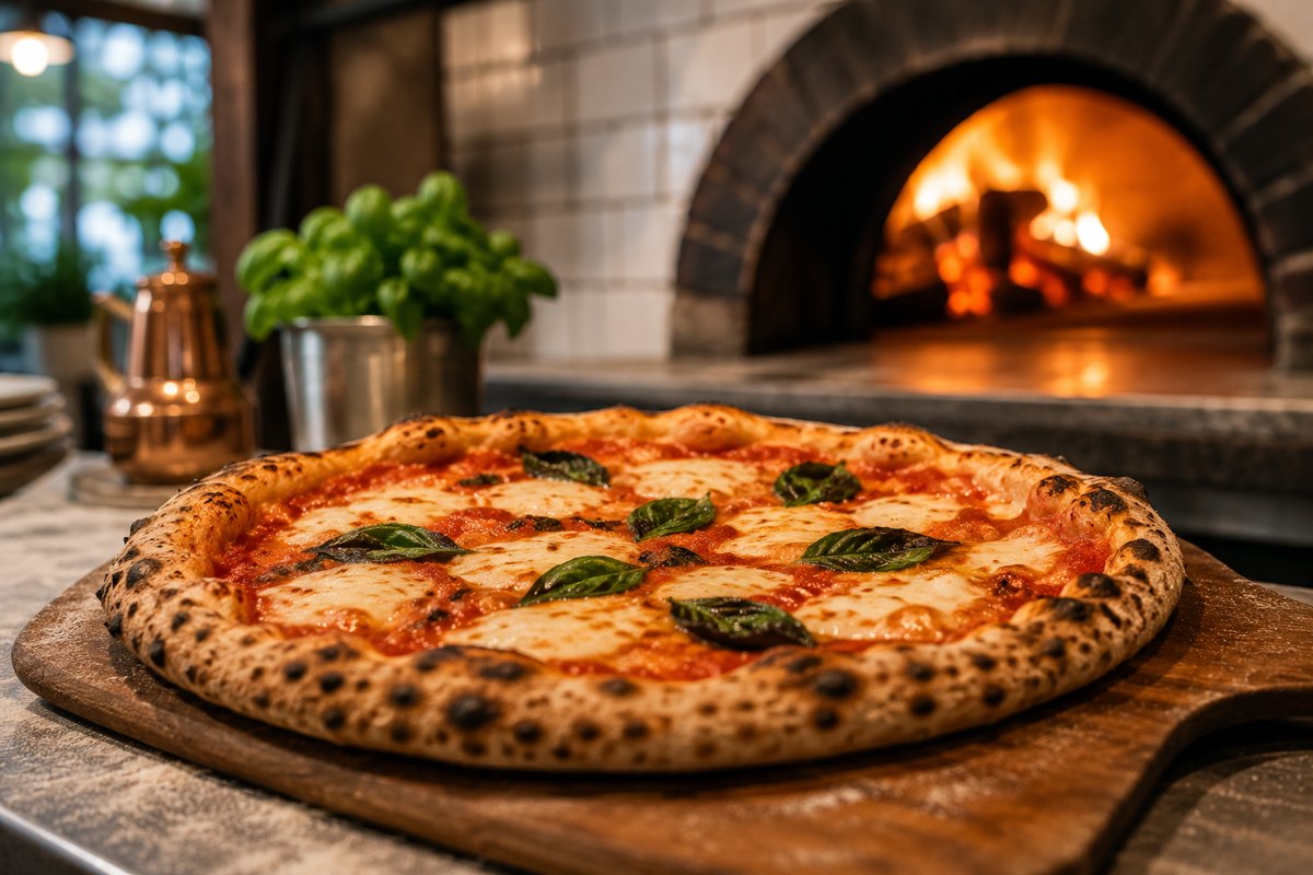 A margherita pizza on a wooden peel in front of a lit wood-fired oven